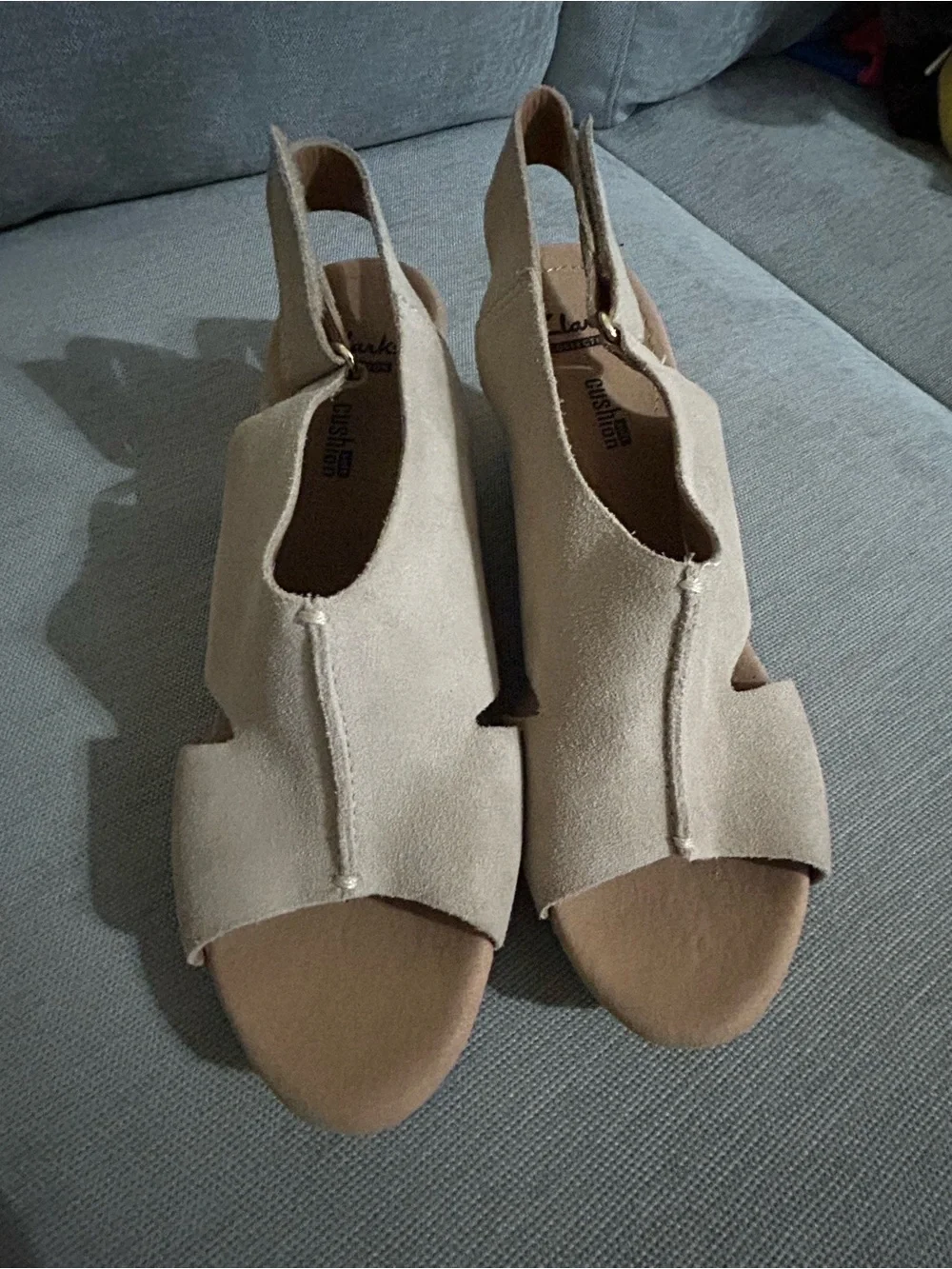Clarks Light Beige Suede Open-Toe Slingback Wedge Sandals